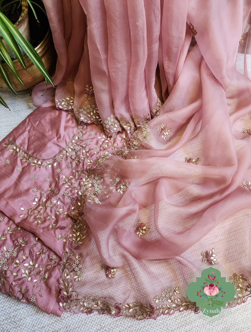 Zynah Dusty Pink Organza Saree With Gotta Patti, Cutdana & Thread Embroidery With Sequins Highlights; Custom Stitched/Ready-made Blouse, Fall, Petticoat; SKU: 1703202303