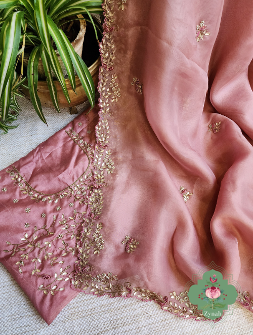 Zynah Dusty Pink Organza Saree With Gotta Patti, Cutdana & Thread Embroidery With Sequins Highlights; Custom Stitched/Ready-made Blouse, Fall, Petticoat; SKU: 1703202303