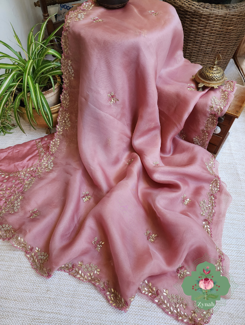 Zynah Dusty Pink Organza Saree With Gotta Patti, Cutdana & Thread Embroidery With Sequins Highlights; Custom Stitched/Ready-made Blouse, Fall, Petticoat; SKU: 1703202303