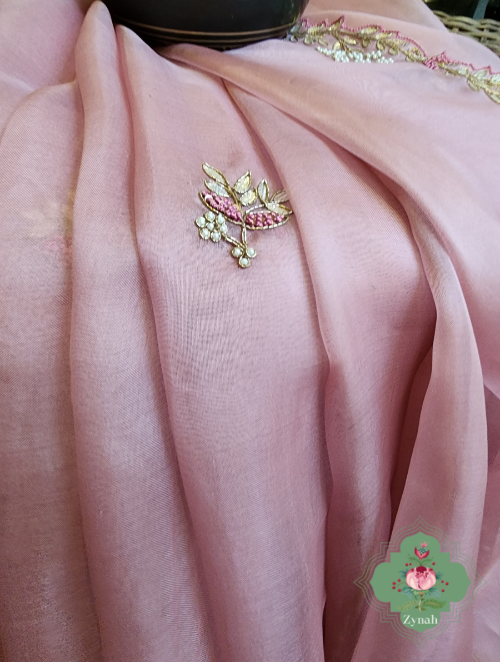 Zynah Dusty Pink Organza Saree With Gotta Patti, Cutdana & Thread Embroidery With Sequins Highlights; Custom Stitched/Ready-made Blouse, Fall, Petticoat; SKU: 1703202303