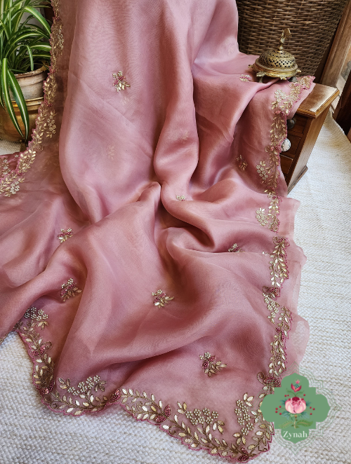 Zynah Dusty Pink Organza Saree With Gotta Patti, Cutdana & Thread Embroidery With Sequins Highlights; Custom Stitched/Ready-made Blouse, Fall, Petticoat; SKU: 1703202303
