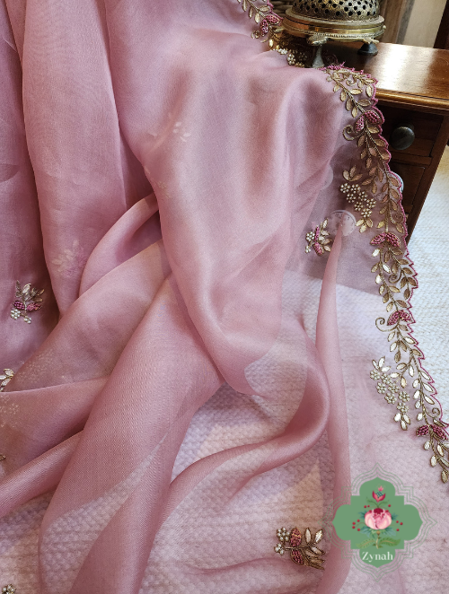 Zynah Dusty Pink Organza Saree With Gotta Patti, Cutdana & Thread Embroidery With Sequins Highlights; Custom Stitched/Ready-made Blouse, Fall, Petticoat; SKU: 1703202303