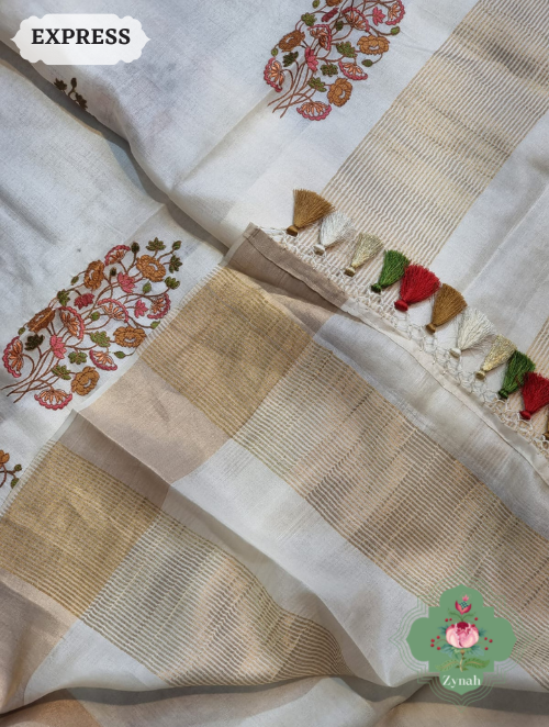 Zynah Embroidered Tussar Silk Saree, Pichwai Inpired Lotus & Floral Motifs ; Custom Stitched/Ready-made Blouse, Fall, Petticoat; SKU: 0203202302