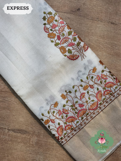Zynah Embroidered Tussar Silk Saree, Pichwai Inpired Lotus & Floral Motifs ; Custom Stitched/Ready-made Blouse, Fall, Petticoat; SKU: 0203202302
