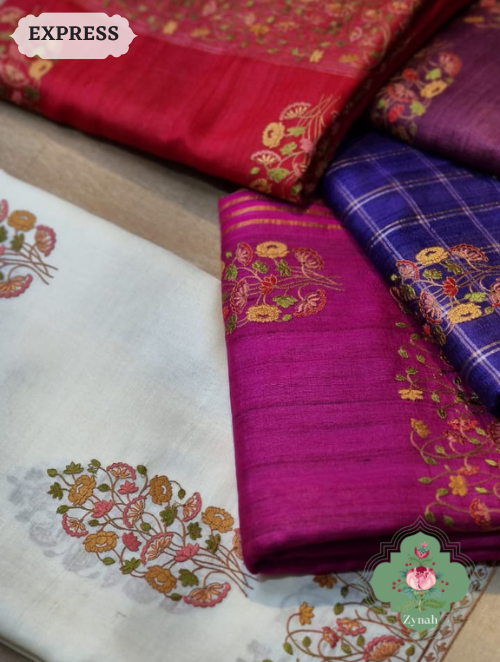 Zynah Embroidered Tussar Silk Saree, Pichwai Inpired Lotus & Floral Motifs ; Custom Stitched/Ready-made Blouse, Fall, Petticoat; SKU: 0203202302
