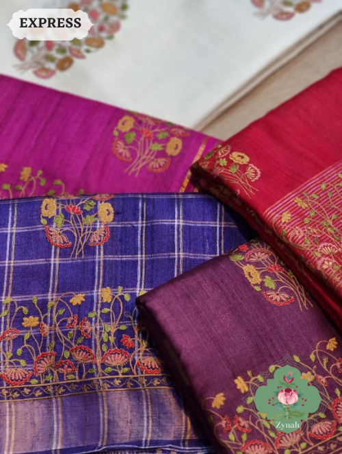 Zynah Embroidered Tussar Silk Saree, Pichwai Inpired Lotus & Floral Motifs ; Custom Stitched/Ready-made Blouse, Fall, Petticoat; SKU: 0203202302