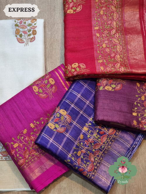 Zynah Embroidered Tussar Silk Saree, Pichwai Inpired Lotus & Floral Motifs ; Custom Stitched/Ready-made Blouse, Fall, Petticoat; SKU: 0203202302