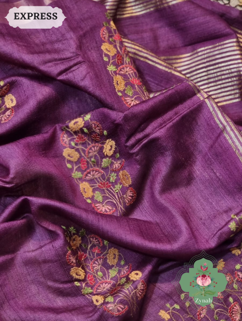 Gorgeous Tussar Silk Saree embroidered with Pichwai inspired Lotus & Floral motifs. Perfect for special occasions!