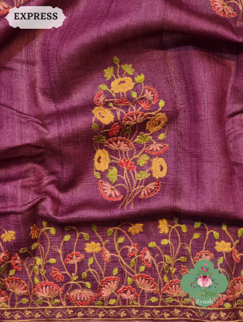 Zynah Embroidered Tussar Silk Saree, Pichwai Inpired Lotus & Floral Motifs ; Custom Stitched/Ready-made Blouse, Fall, Petticoat; SKU: 0203202302