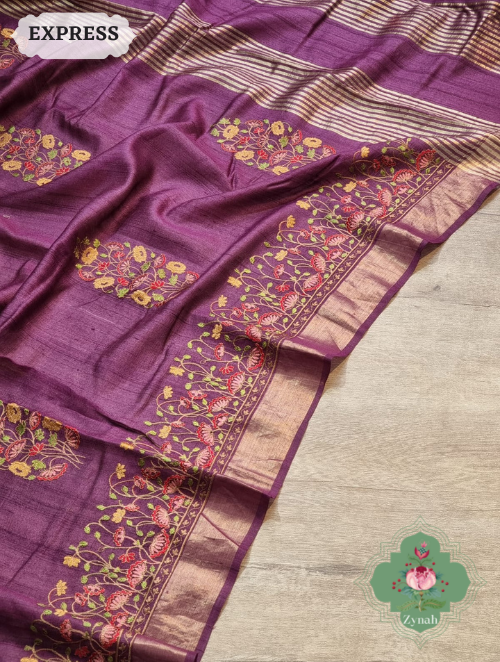 Zynah Embroidered Tussar Silk Saree, Pichwai Inpired Lotus & Floral Motifs ; Custom Stitched/Ready-made Blouse, Fall, Petticoat; SKU: 0203202302