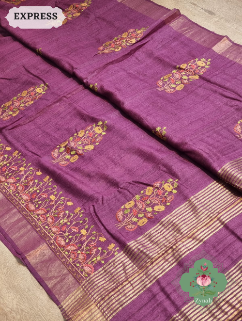 Zynah Embroidered Tussar Silk Saree, Pichwai Inpired Lotus & Floral Motifs ; Custom Stitched/Ready-made Blouse, Fall, Petticoat; SKU: 0203202302