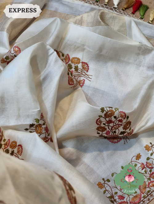 Zynah Embroidered Tussar Silk Saree, Pichwai Inpired Lotus & Floral Motifs ; Custom Stitched/Ready-made Blouse, Fall, Petticoat; SKU: 0203202302