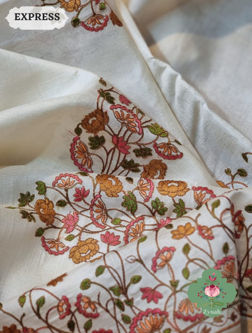 Zynah Embroidered Tussar Silk Saree, Pichwai Inpired Lotus & Floral Motifs ; Custom Stitched/Ready-made Blouse, Fall, Petticoat; SKU: 0203202302