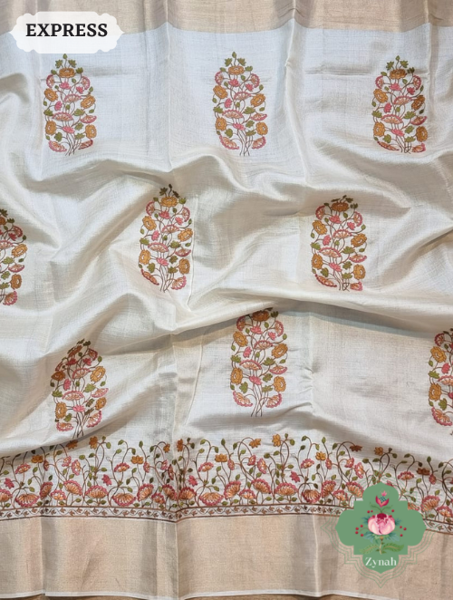 Zynah Embroidered Tussar Silk Saree, Pichwai Inpired Lotus & Floral Motifs ; Custom Stitched/Ready-made Blouse, Fall, Petticoat; SKU: 0203202302