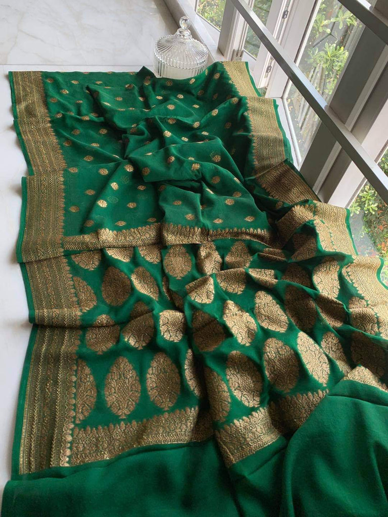 Zynah Pure Handloom Banarasi Woven Khaddi Georgette Saree with Antique Zari Weave; Custom Stitched/Ready-made Blouse, Fall, Petticoat; Shipping available USA, Worldwide