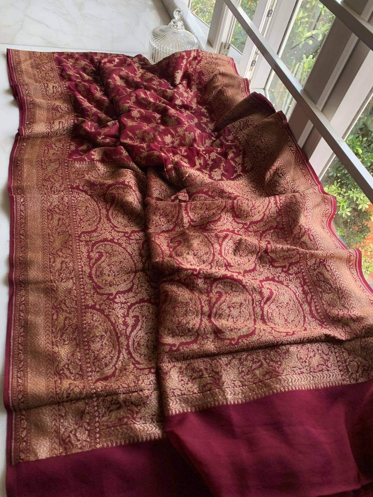 Zynah Pure Banarasi Woven Khaddi Georgette Saree with Antique Zari Shikargah Design Weave; Custom Stitched/Ready-made Blouse, Fall, Petticoat; Shipping available USA, Worldwide