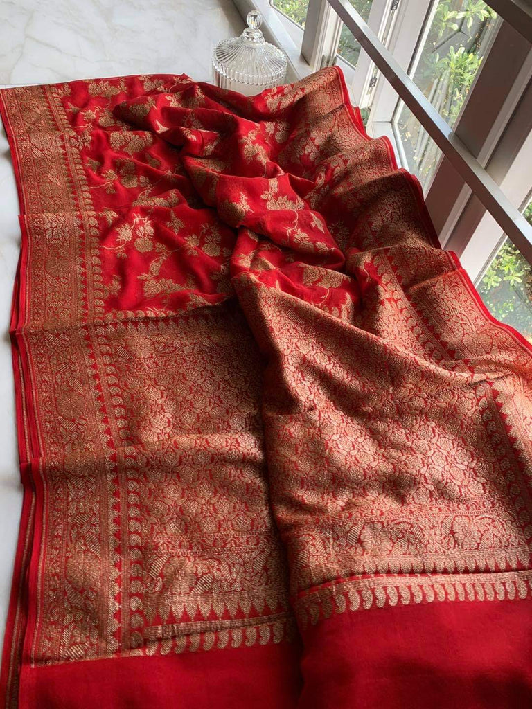 Zynah Pure Handloom Banarasi Woven Khaddi Georgette Saree with Antique Zari Weave; Custom Stitched/Ready-made Blouse, Fall, Petticoat; Shipping available USA, Worldwide