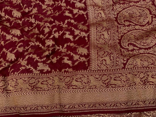 Zynah Pure Banarasi Woven Khaddi Georgette Saree with Antique Zari Shikargah Design Weave; Custom Stitched/Ready-made Blouse, Fall, Petticoat; Shipping available USA, Worldwide