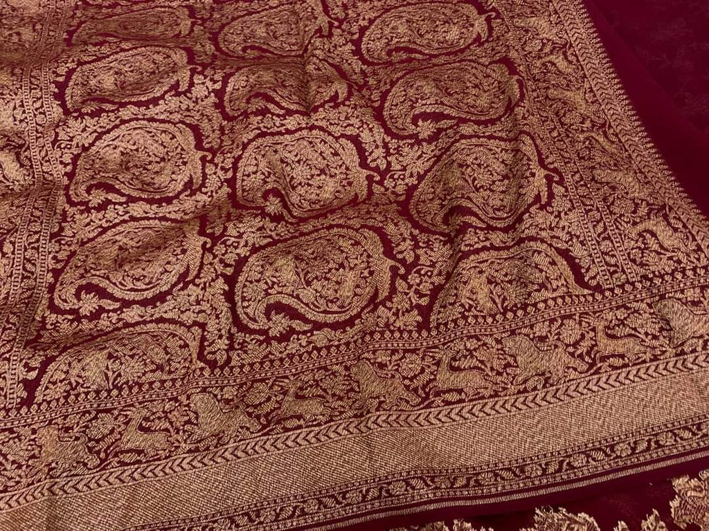 Zynah Pure Banarasi Woven Khaddi Georgette Saree with Antique Zari Shikargah Design Weave; Custom Stitched/Ready-made Blouse, Fall, Petticoat; Shipping available USA, Worldwide
