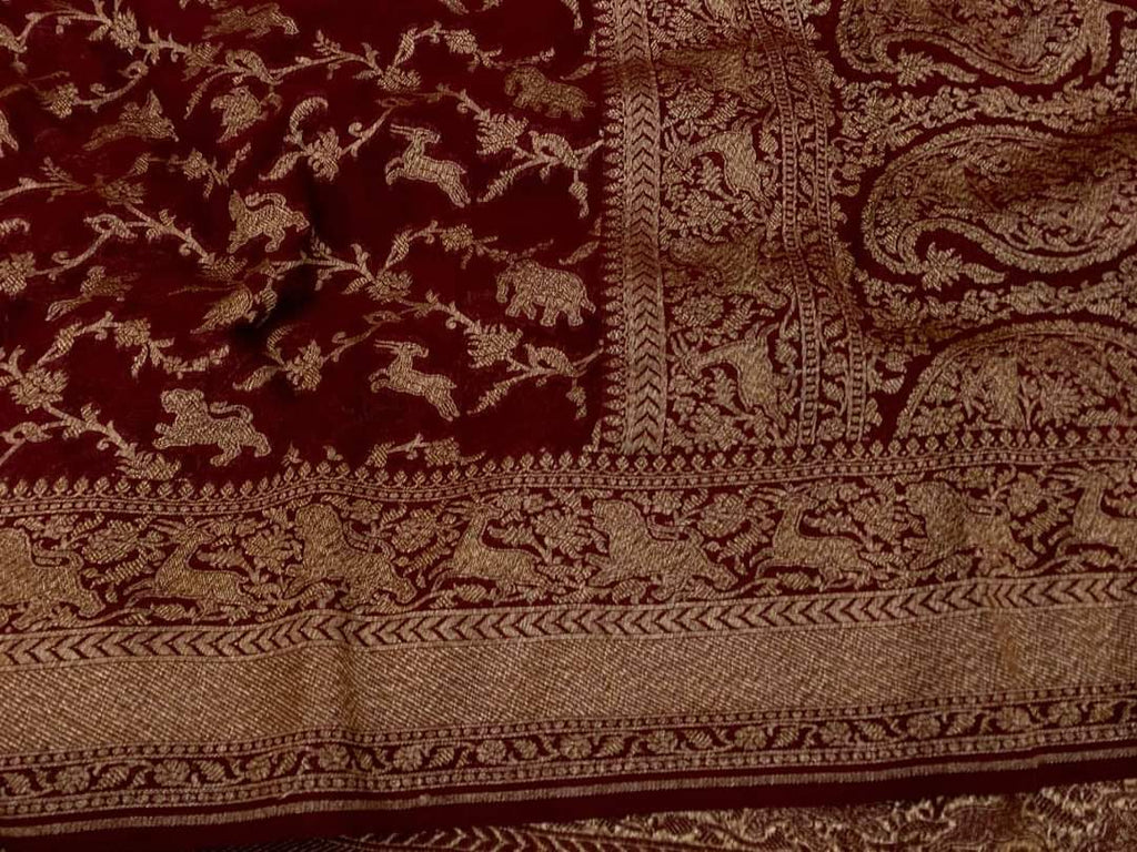 Zynah Pure Banarasi Woven Khaddi Georgette Saree with Antique Zari Shikargah Design Weave; Custom Stitched/Ready-made Blouse, Fall, Petticoat; Shipping available USA, Worldwide