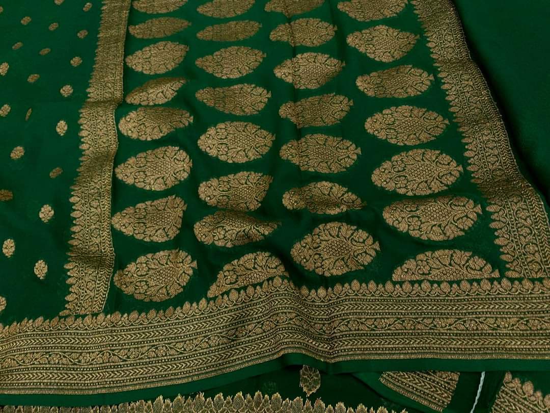 Zynah Pure Handloom Banarasi Woven Khaddi Georgette Saree with Antique Zari Weave; Custom Stitched/Ready-made Blouse, Fall, Petticoat; Shipping available USA, Worldwide