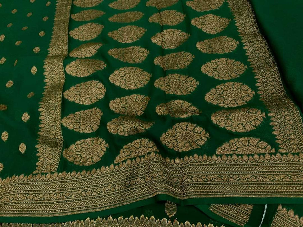 Zynah Pure Handloom Banarasi Woven Khaddi Georgette Saree with Antique Zari Weave; Custom Stitched/Ready-made Blouse, Fall, Petticoat; Shipping available USA, Worldwide