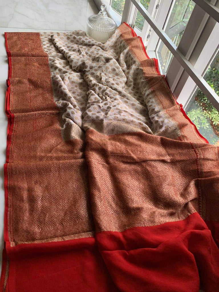 Zynah Pure Handloom Banarasi Woven Khaddi Georgette Saree with Antique Zari Weave; Custom Stitched/Ready-made Blouse, Fall, Petticoat; Shipping available USA, Worldwide