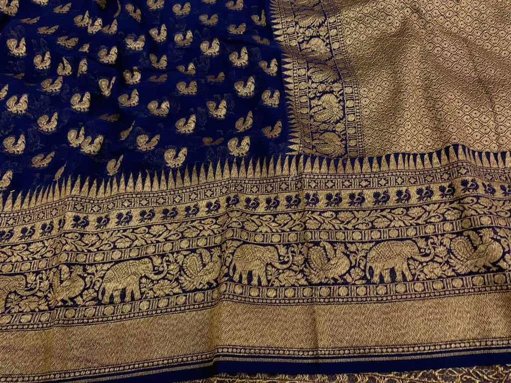 Zynah Pure Handloom Banarasi Woven Khaddi Georgette Saree with Antique Zari Weave; Custom Stitched/Ready-made Blouse, Fall, Petticoat; Shipping available USA, Worldwide