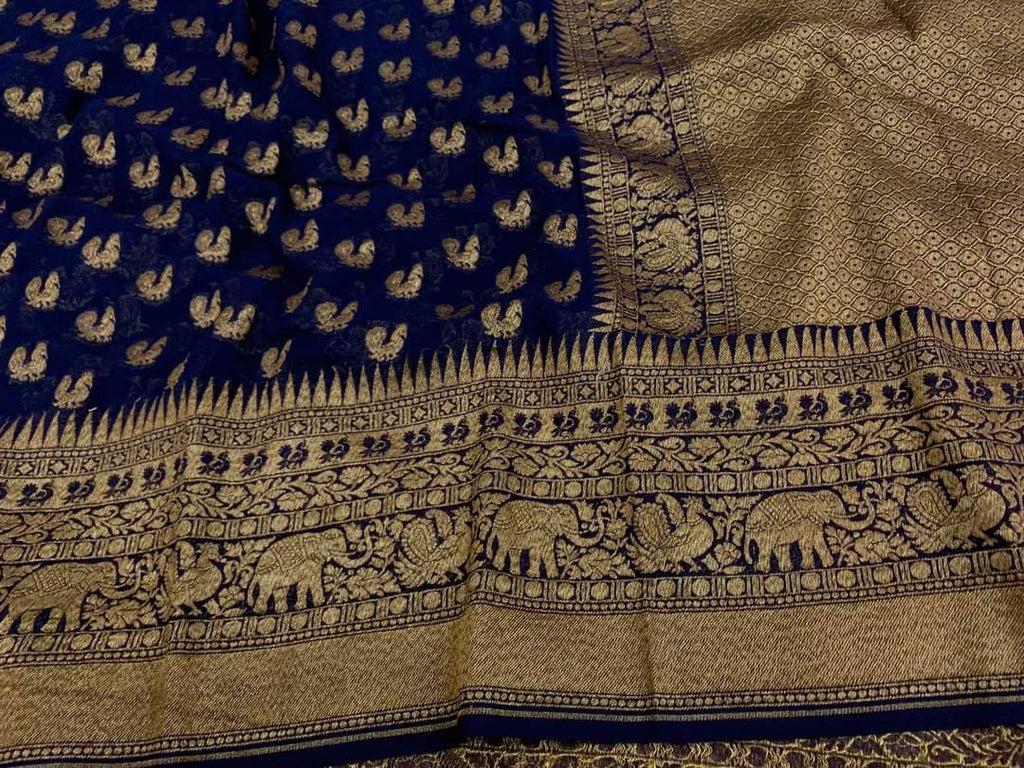 Zynah Pure Handloom Banarasi Woven Khaddi Georgette Saree with Antique Zari Weave; Custom Stitched/Ready-made Blouse, Fall, Petticoat; Shipping available USA, Worldwide