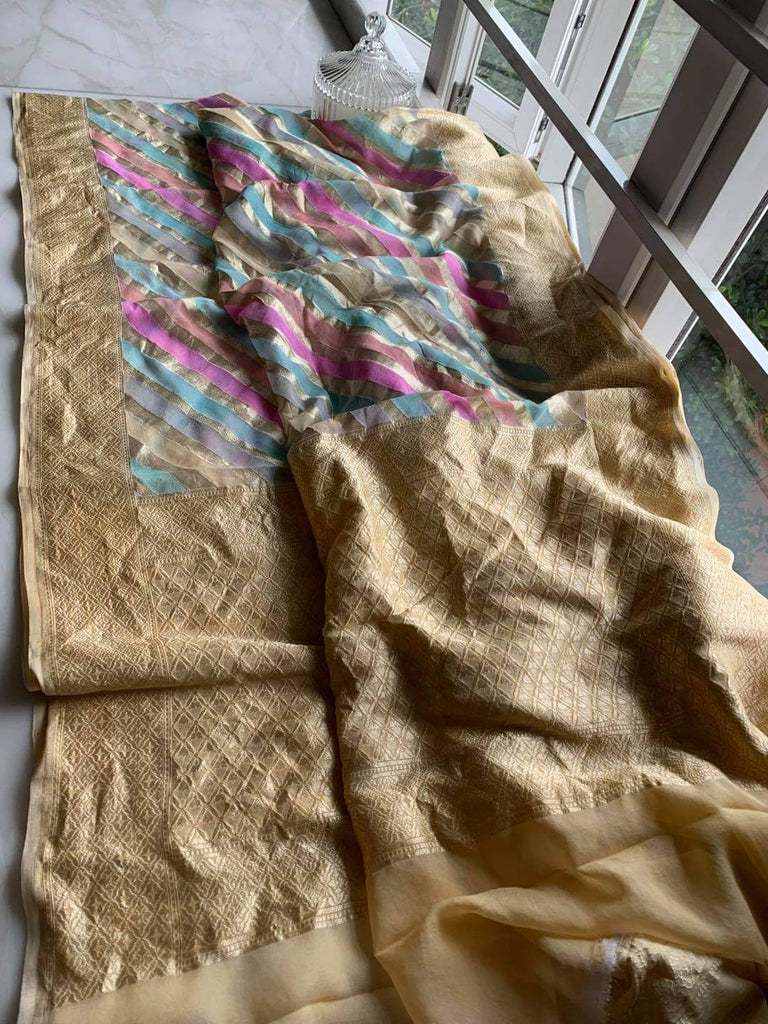 Zynah Handloom Khaddi Georgette Saree with Diagonal Stripes; Custom Stitched/Ready-made Blouse, Fall, Petticoat; Shipping available USA, Worldwide