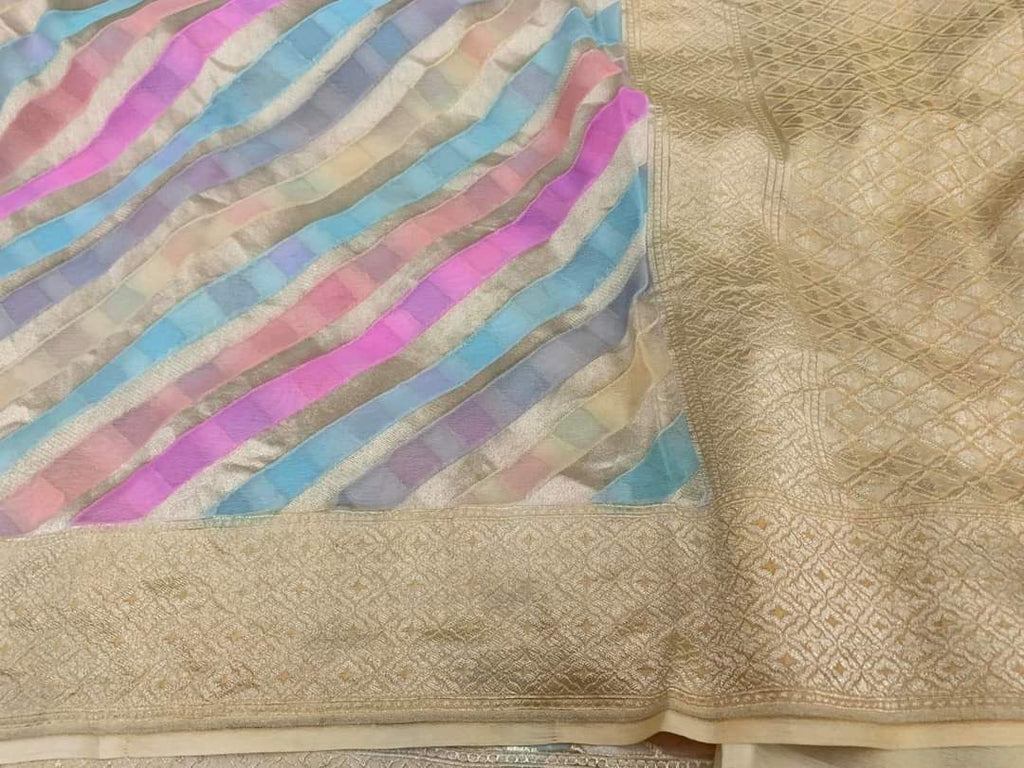 Zynah Handloom Khaddi Georgette Saree with Diagonal Stripes; Custom Stitched/Ready-made Blouse, Fall, Petticoat; Shipping available USA, Worldwide