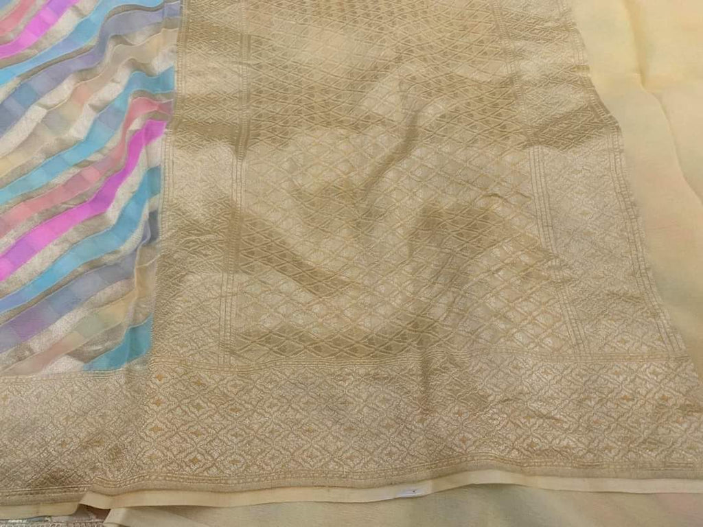Zynah Handloom Khaddi Georgette Saree with Diagonal Stripes; Custom Stitched/Ready-made Blouse, Fall, Petticoat; Shipping available USA, Worldwide