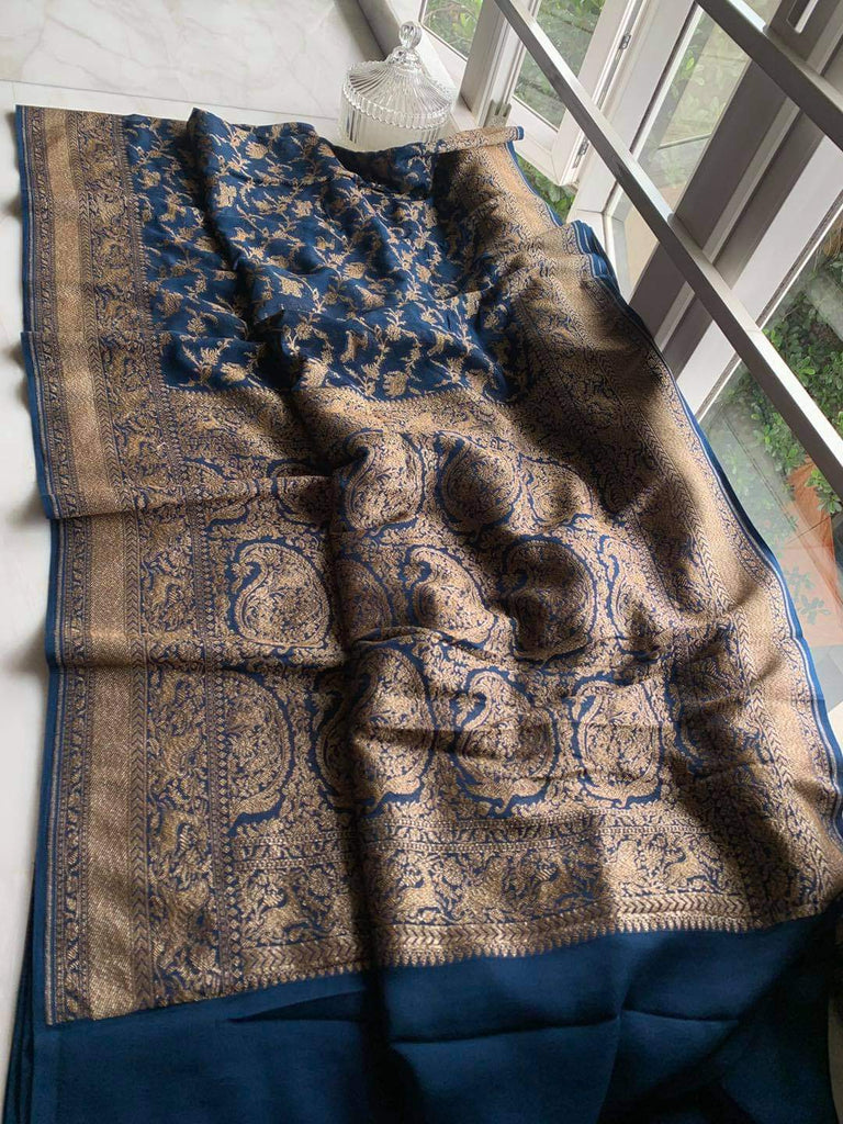 Zynah Pure Banarasi Woven Khaddi Georgette Saree with Antique Zari Shikargah Design Weave; Custom Stitched/Ready-made Blouse, Fall, Petticoat; Shipping available USA, Worldwide