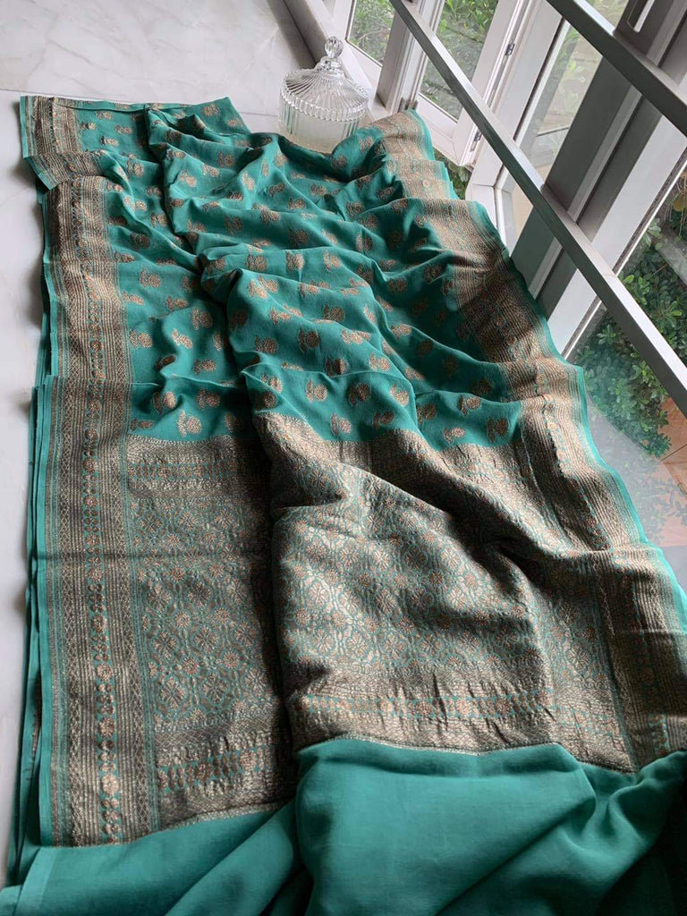 Zynah Pure Handloom Banarasi Woven Khaddi Georgette Saree with Antique Zari Weave; Custom Stitched/Ready-made Blouse, Fall, Petticoat; Shipping available USA, Worldwide