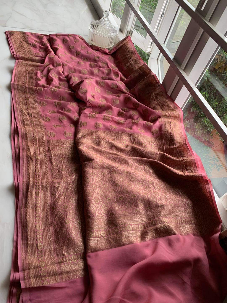 Zynah Pure Handloom Banarasi Woven Khaddi Georgette Saree with Antique Zari Weave; Custom Stitched/Ready-made Blouse, Fall, Petticoat; Shipping available USA, Worldwide