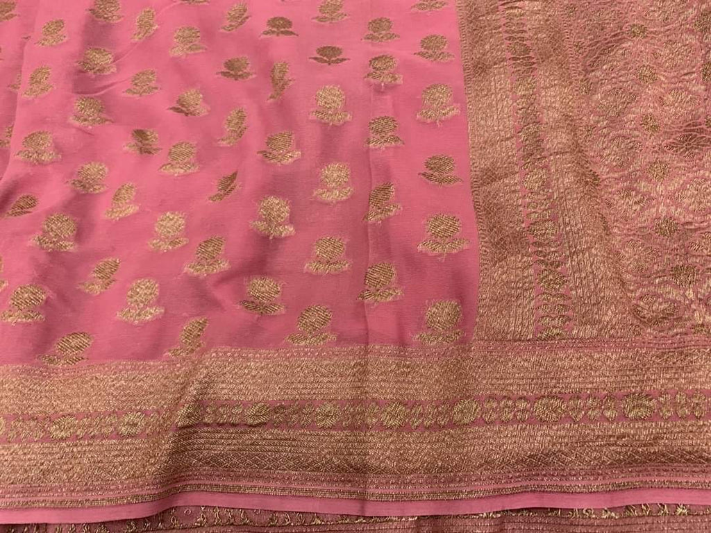 Zynah Pure Handloom Banarasi Woven Khaddi Georgette Saree with Antique Zari Weave; Custom Stitched/Ready-made Blouse, Fall, Petticoat; Shipping available USA, Worldwide