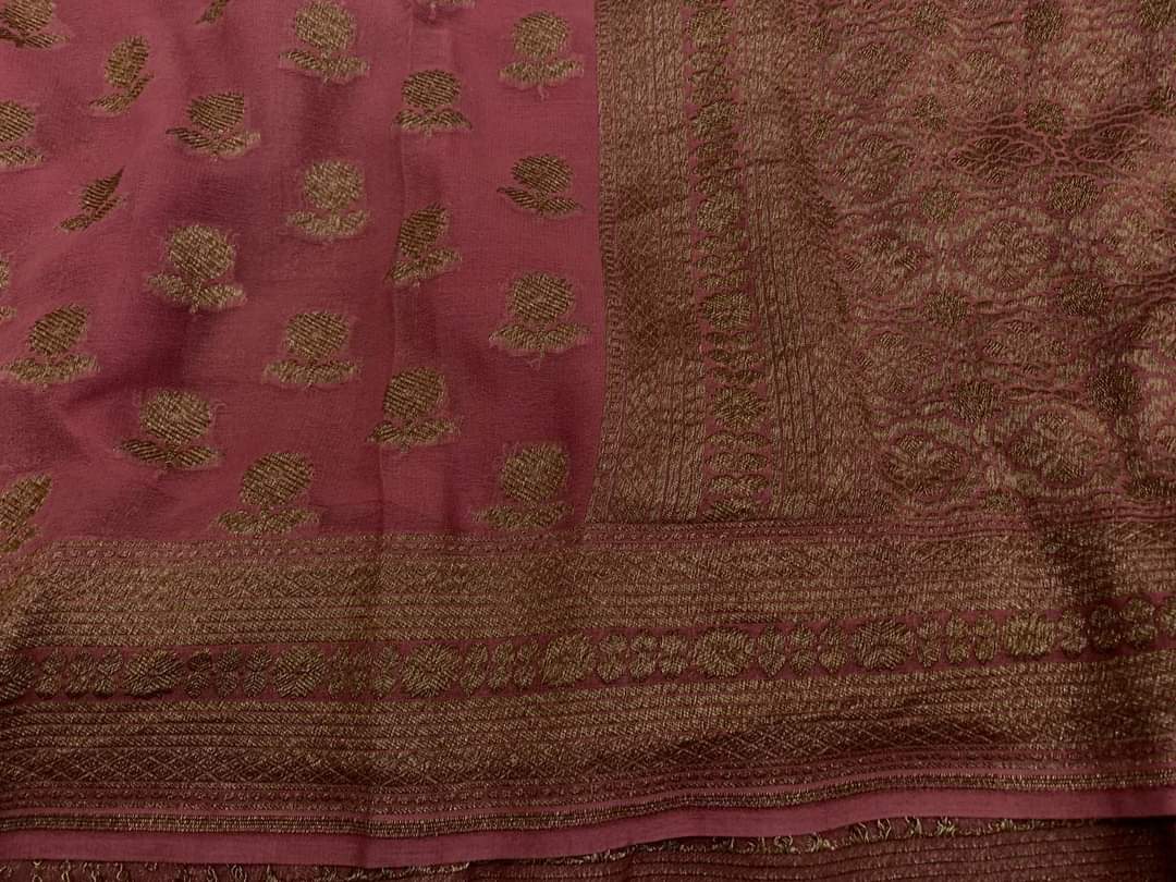 Zynah Pure Handloom Banarasi Woven Khaddi Georgette Saree with Antique Zari Weave; Custom Stitched/Ready-made Blouse, Fall, Petticoat; Shipping available USA, Worldwide