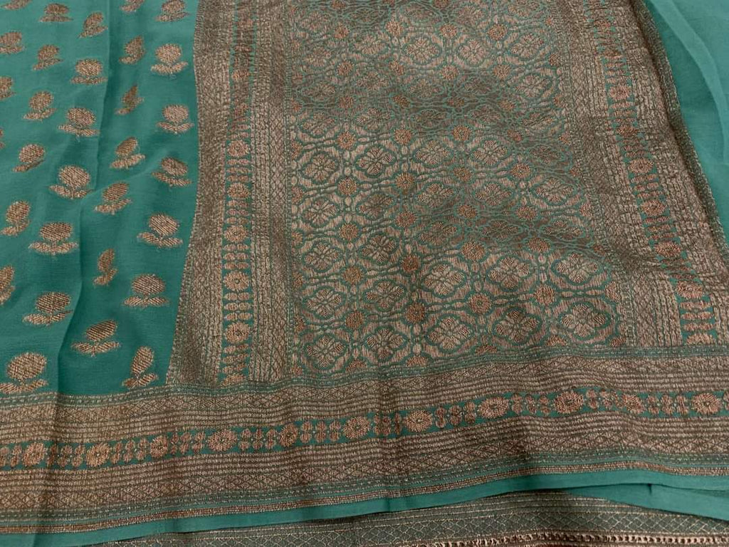 Zynah Pure Handloom Banarasi Woven Khaddi Georgette Saree with Antique Zari Weave; Custom Stitched/Ready-made Blouse, Fall, Petticoat; Shipping available USA, Worldwide