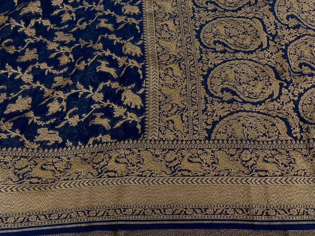 Zynah Pure Banarasi Woven Khaddi Georgette Saree with Antique Zari Shikargah Design Weave; Custom Stitched/Ready-made Blouse, Fall, Petticoat; Shipping available USA, Worldwide