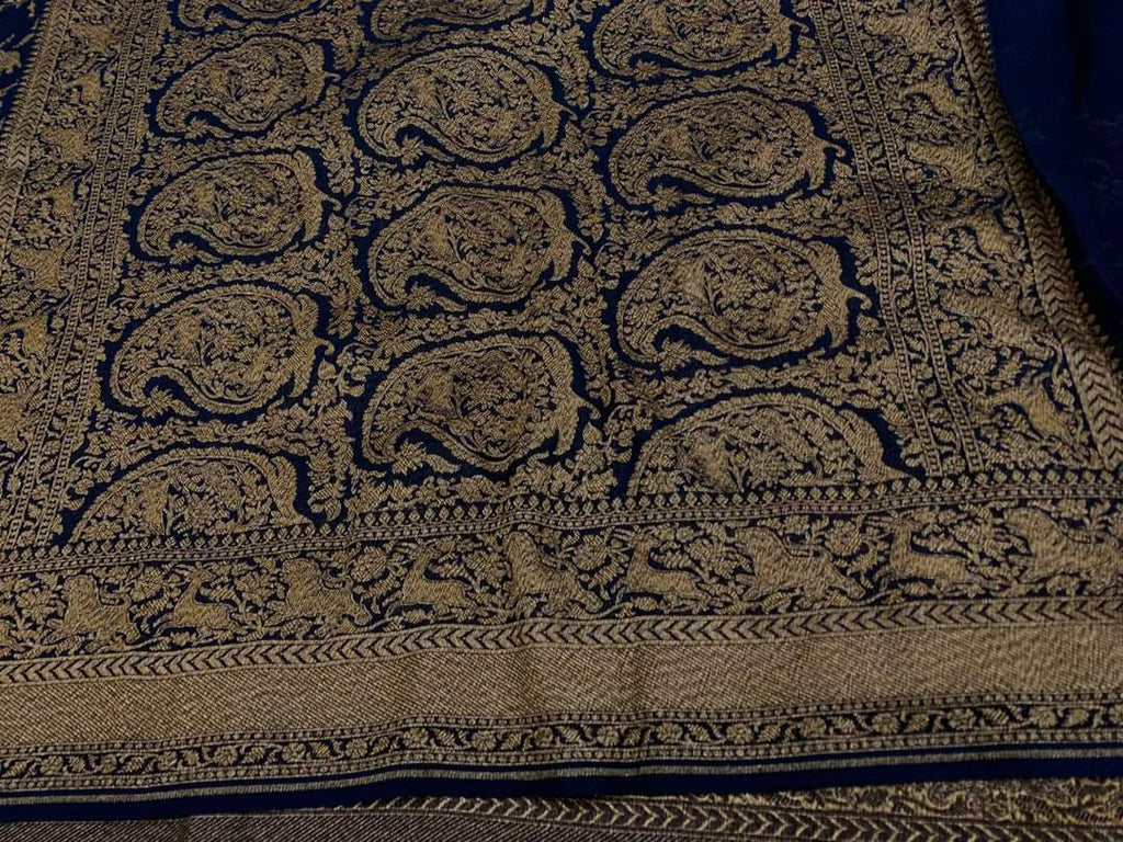 Zynah Pure Banarasi Woven Khaddi Georgette Saree with Antique Zari Shikargah Design Weave; Custom Stitched/Ready-made Blouse, Fall, Petticoat; Shipping available USA, Worldwide
