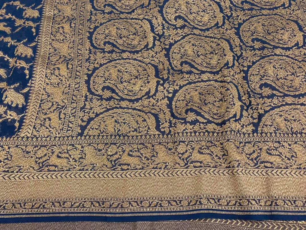 Zynah Pure Banarasi Woven Khaddi Georgette Saree with Antique Zari Shikargah Design Weave; Custom Stitched/Ready-made Blouse, Fall, Petticoat; Shipping available USA, Worldwide