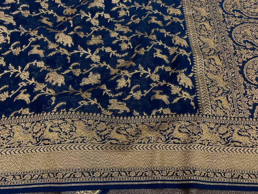 Zynah Pure Banarasi Woven Khaddi Georgette Saree with Antique Zari Shikargah Design Weave; Custom Stitched/Ready-made Blouse, Fall, Petticoat; Shipping available USA, Worldwide