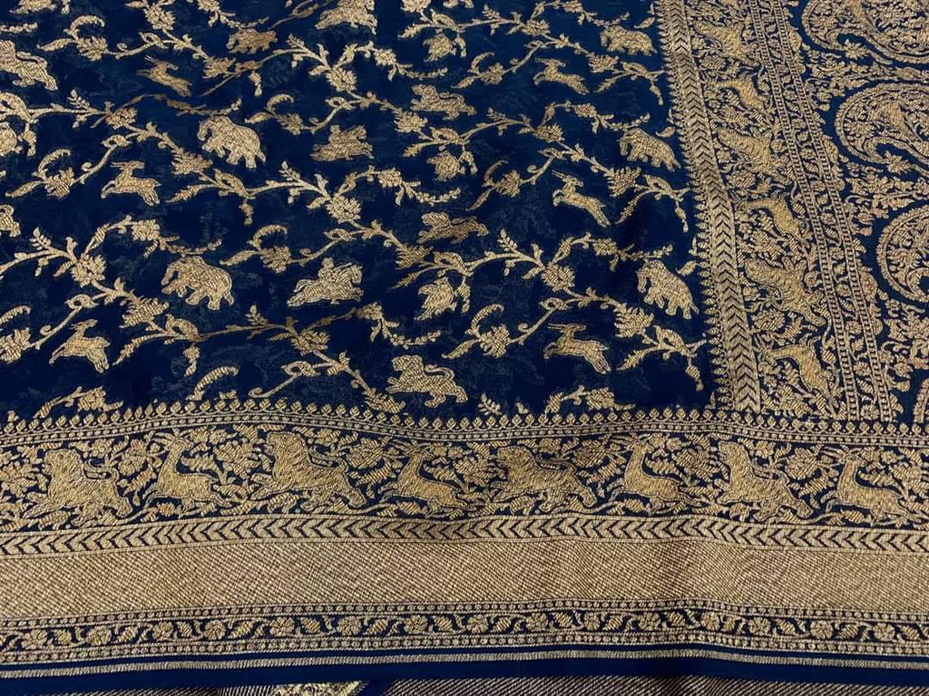 Zynah Pure Banarasi Woven Khaddi Georgette Saree with Antique Zari Shikargah Design Weave; Custom Stitched/Ready-made Blouse, Fall, Petticoat; Shipping available USA, Worldwide