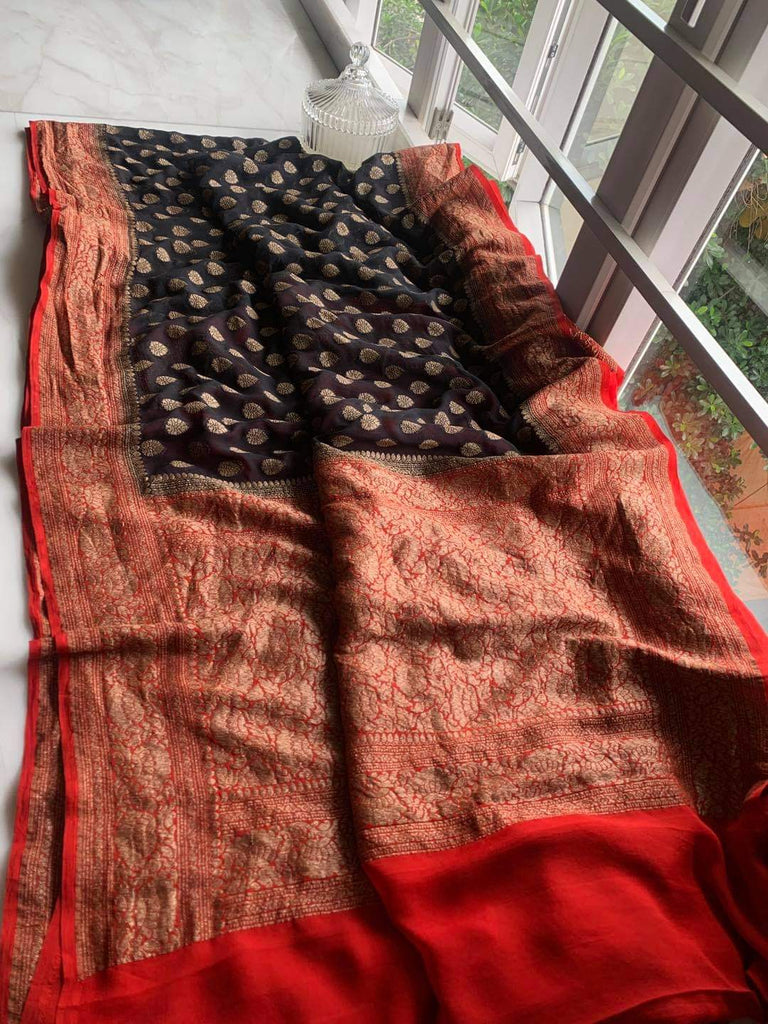 Zynah Pure Handloom Banarasi Woven Khaddi Georgette Saree with Antique Zari Weave; Custom Stitched/Ready-made Blouse, Fall, Petticoat; Shipping available USA, Worldwide