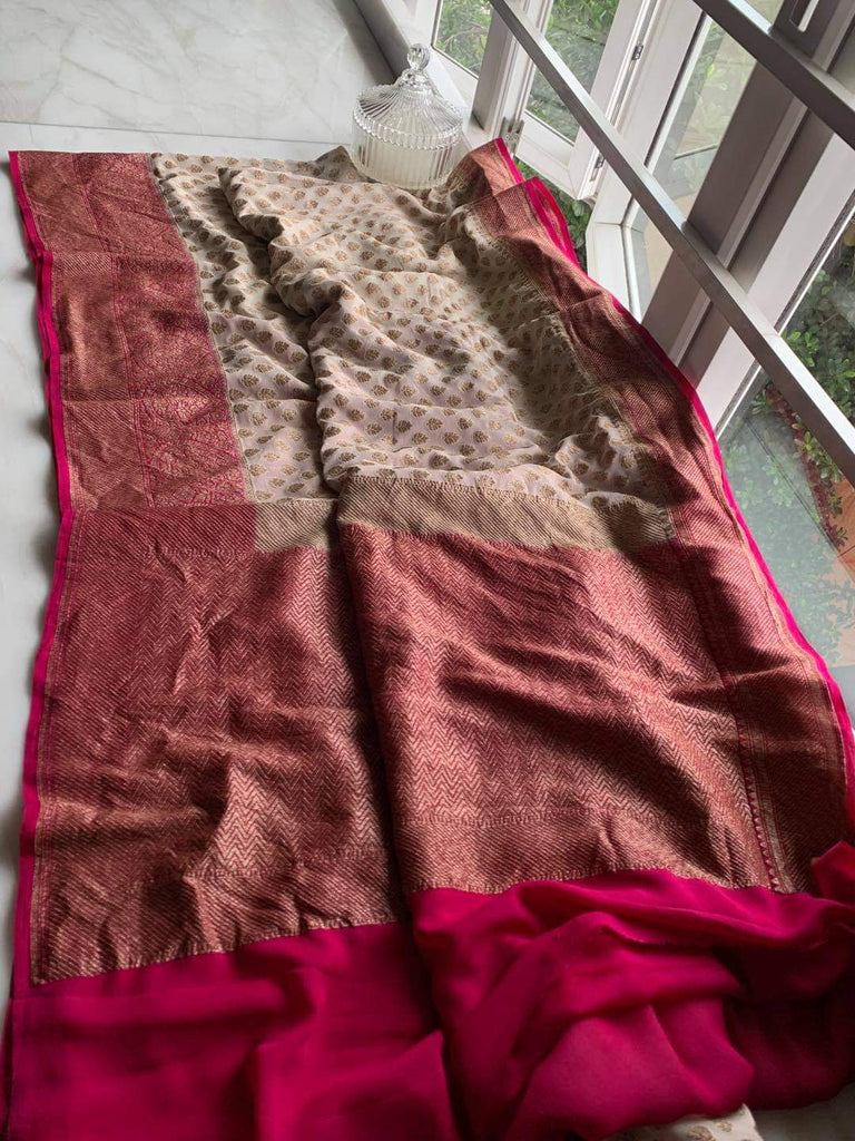 Zynah Pure Handloom Banarasi Woven Khaddi Georgette Saree with Antique Zari Weave; Custom Stitched/Ready-made Blouse, Fall, Petticoat; Shipping available USA, Worldwide
