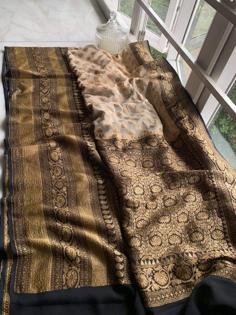 Zynah Pure Handloom Banarasi Woven Khaddi Georgette Saree with Antique Zari Weave; Custom Stitched/Ready-made Blouse, Fall, Petticoat; Shipping available USA, Worldwide