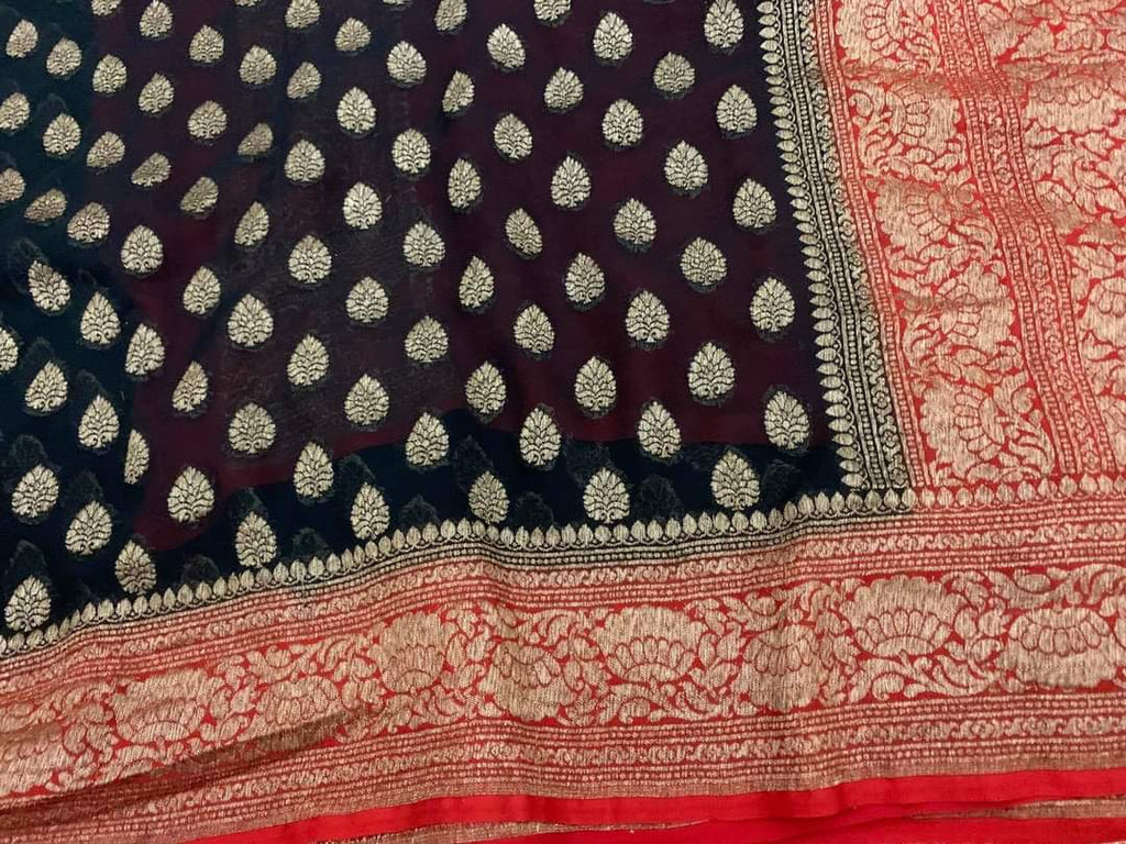 Zynah Pure Handloom Banarasi Woven Khaddi Georgette Saree with Antique Zari Weave; Custom Stitched/Ready-made Blouse, Fall, Petticoat; Shipping available USA, Worldwide