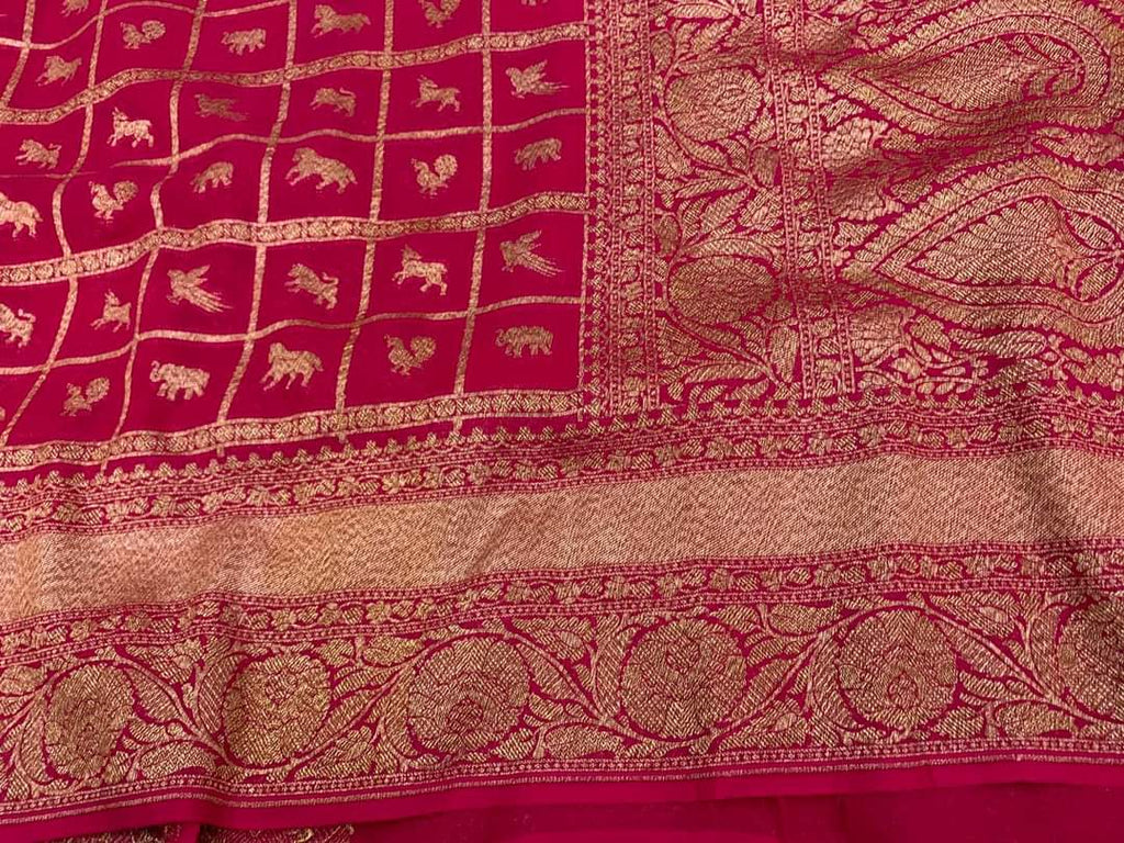 Zynah Pure Banarasi Woven Khaddi Georgette Saree with Shikargah Design & Checks Weave; Custom Stitched/Ready-made Blouse, Fall, Petticoat; Shipping available USA, Worldwide