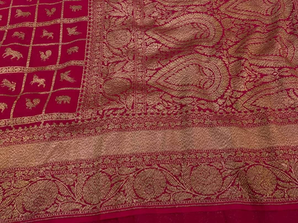 Zynah Pure Banarasi Woven Khaddi Georgette Saree with Shikargah Design & Checks Weave; Custom Stitched/Ready-made Blouse, Fall, Petticoat; Shipping available USA, Worldwide
