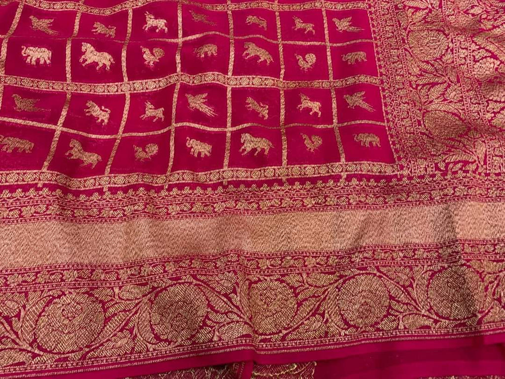 Zynah Pure Banarasi Woven Khaddi Georgette Saree with Shikargah Design & Checks Weave; Custom Stitched/Ready-made Blouse, Fall, Petticoat; Shipping available USA, Worldwide